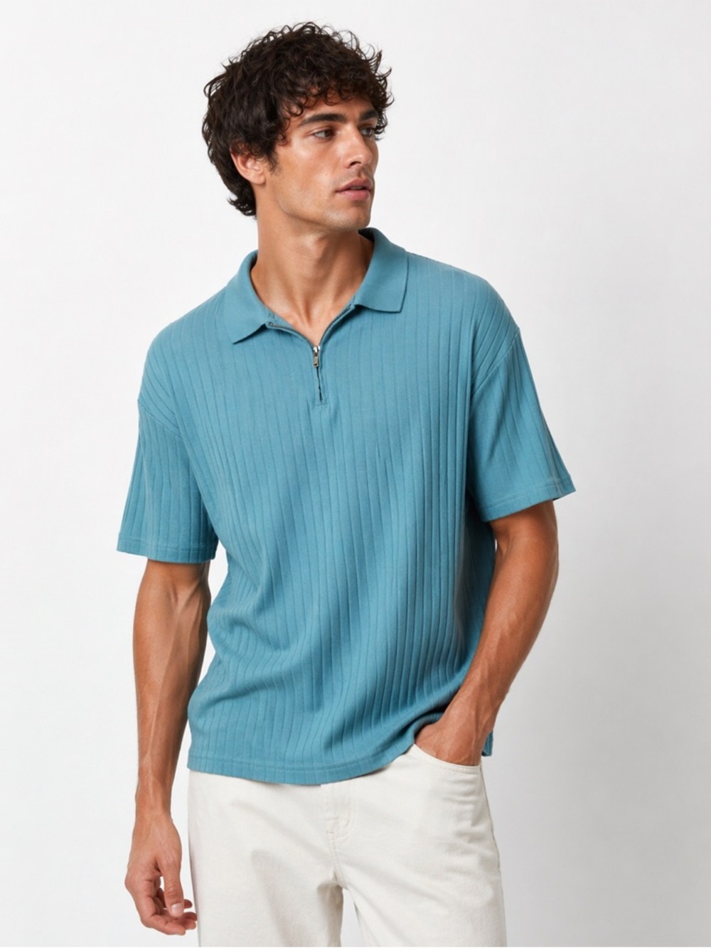 Croft & Barrow Teal Ribbed Short-Sleeve Zip Polo